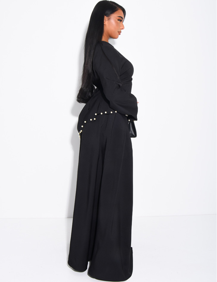 Long pleated skirt and fitted top with pearls