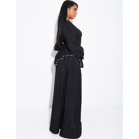 Long pleated skirt and fitted top with pearls