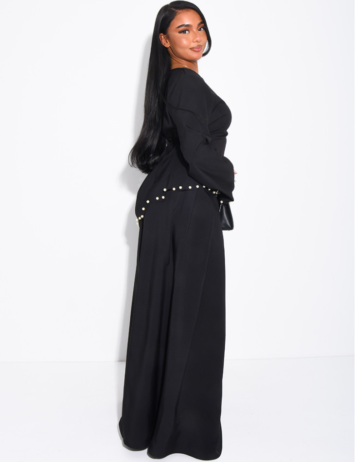 Long pleated skirt and fitted top with pearls