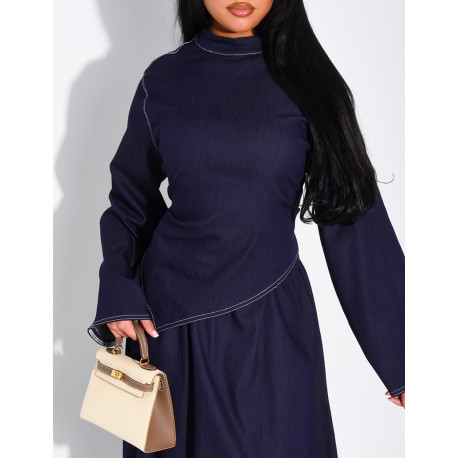 Long denim skirt and fitted asymmetrical top set