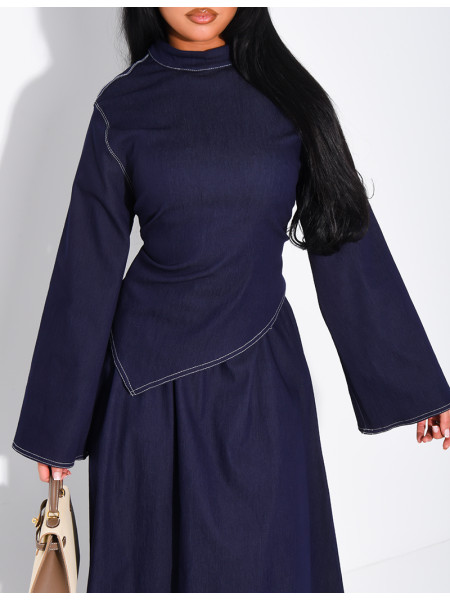 Long denim skirt and fitted asymmetrical top set