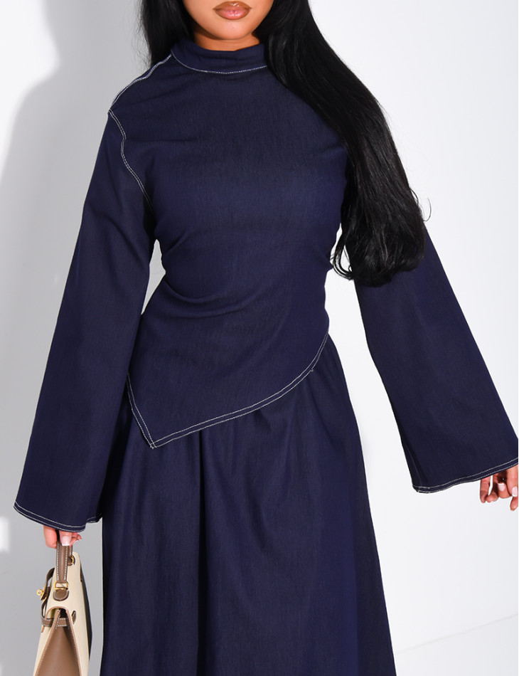 Long denim skirt and fitted asymmetrical top set