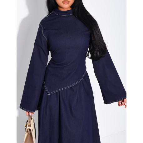 Long denim skirt and fitted asymmetrical top set
