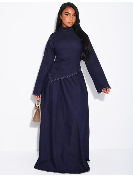 Long denim skirt and fitted asymmetrical top set