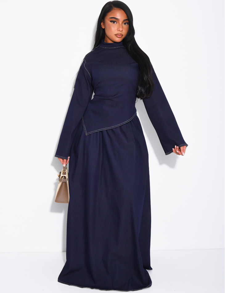 Long denim skirt and fitted asymmetrical top set