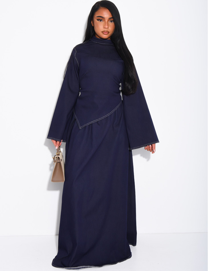 Long denim skirt and fitted asymmetrical top set