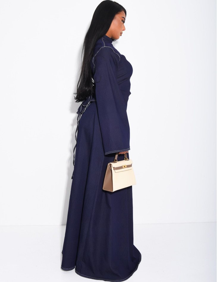 Long denim skirt and fitted asymmetrical top set