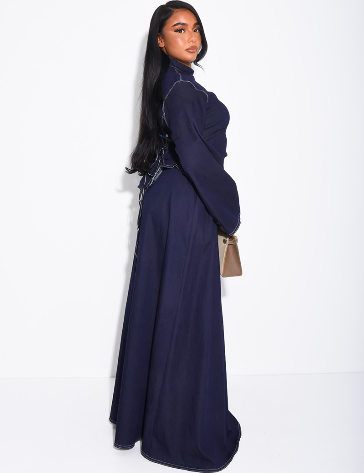 Long denim skirt and fitted asymmetrical top set