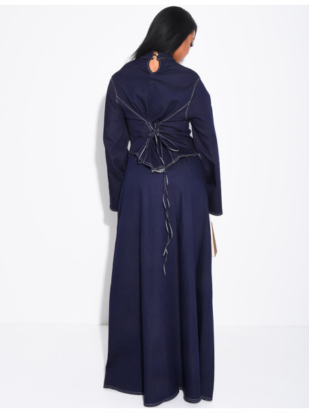 Long denim skirt and fitted asymmetrical top set