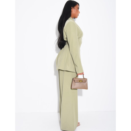 Set comprising a fitted blazer with a stand-up collar and straight-leg trousers