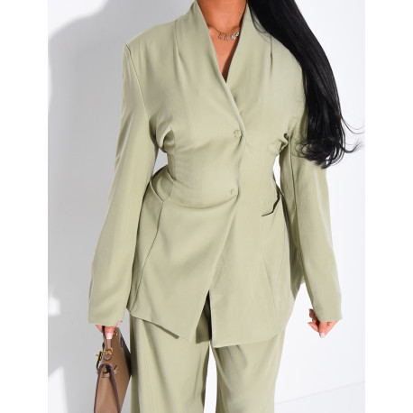 Set comprising a fitted blazer with a stand-up collar and straight-leg trousers