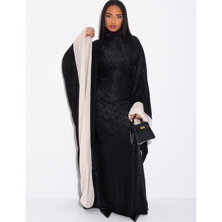 Abaya papillon en satin à motifs en relief et bordures en voile contrastant