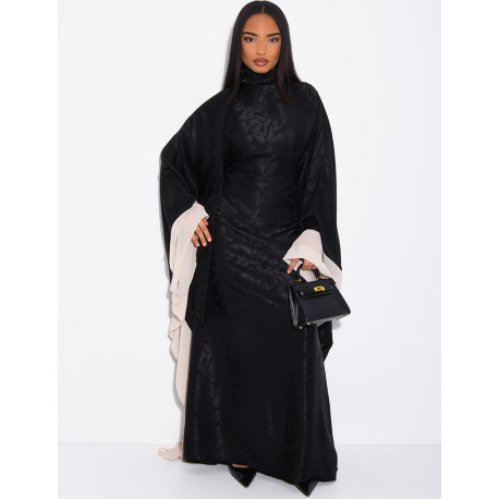 Abaya papillon en satin à motifs en relief et bordures en voile contrastant