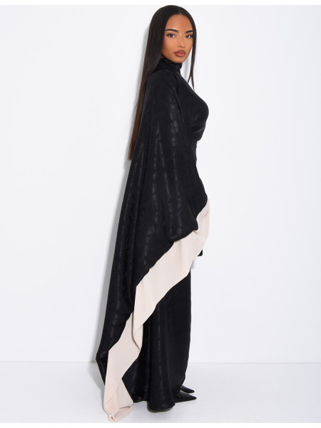 Abaya papillon en satin à motifs en relief et bordures en voile contrastant