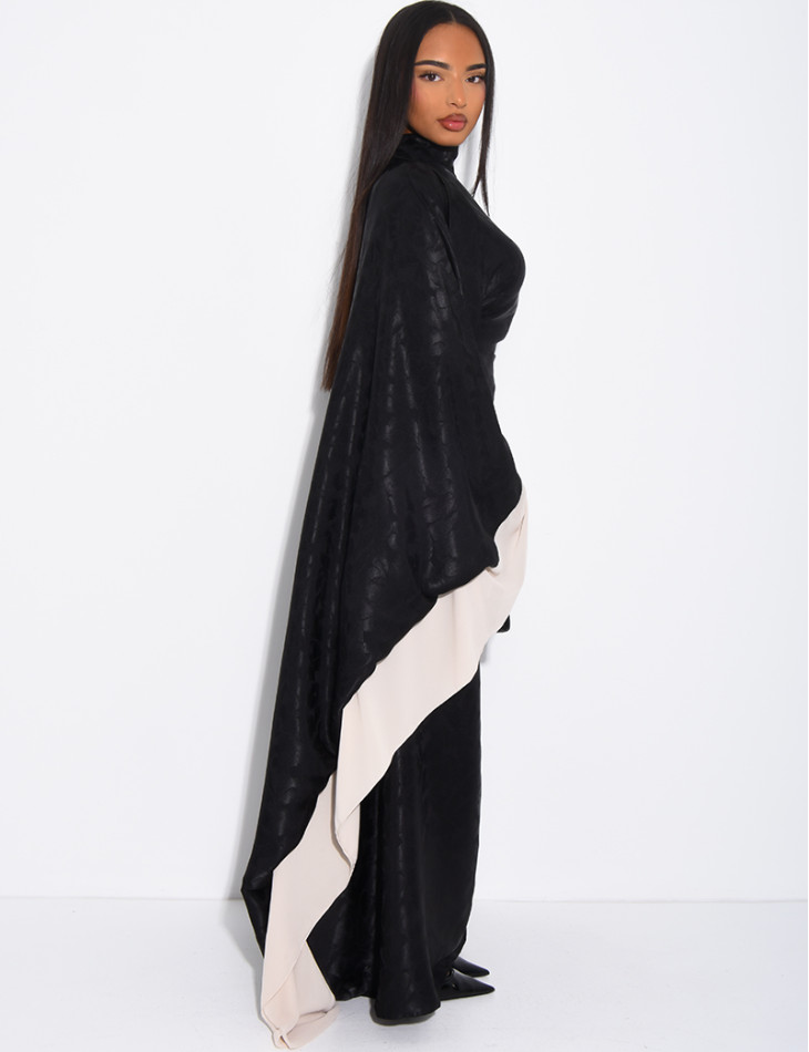 Abaya papillon en satin à motifs en relief et bordures en voile contrastant