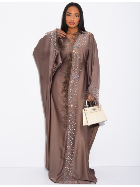 Abaya papillon à cristaux & bordures en plumes