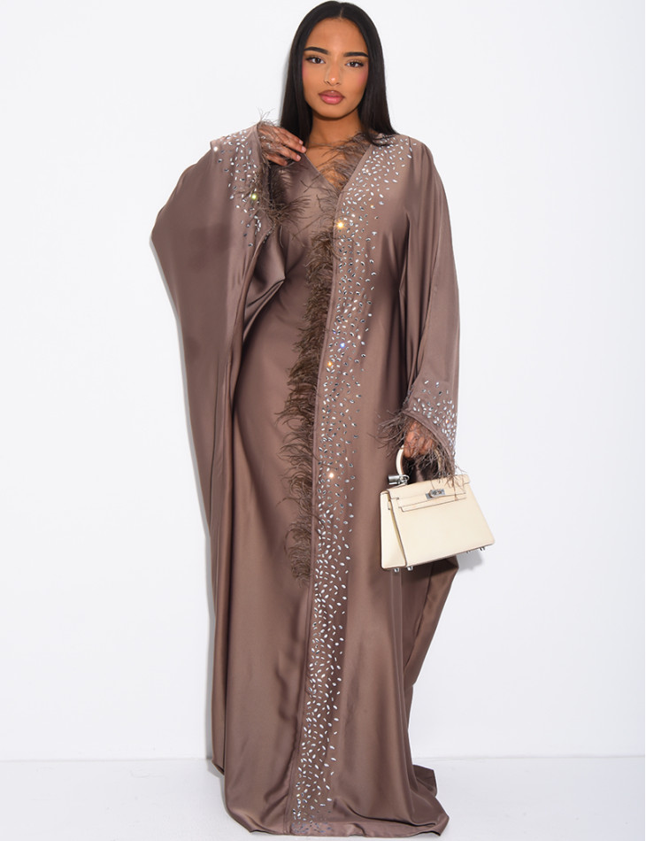 Abaya papillon à cristaux & bordures en plumes