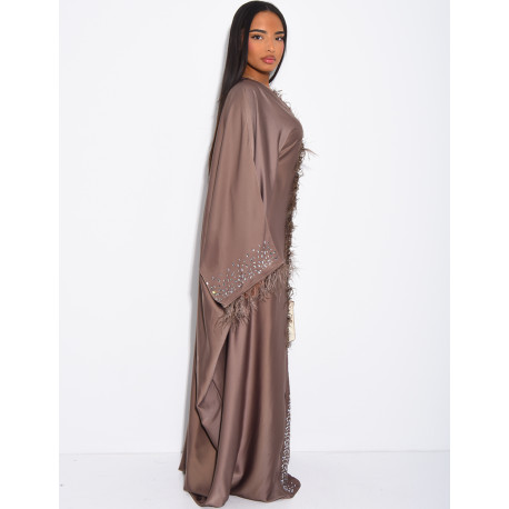 Abaya papillon à cristaux & bordures en plumes