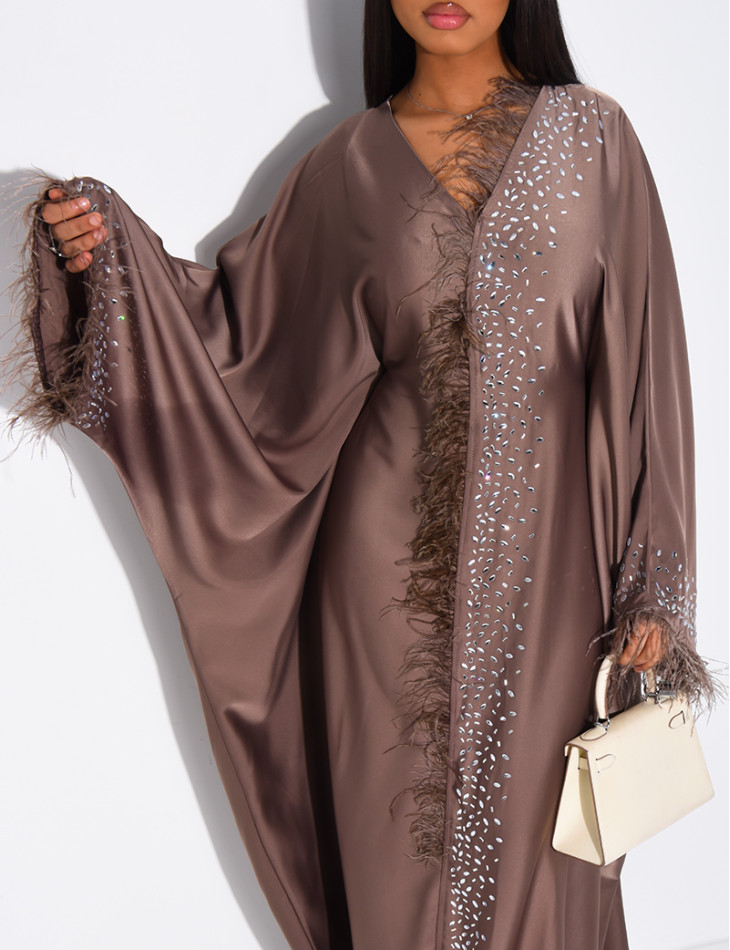 Abaya papillon à cristaux & bordures en plumes