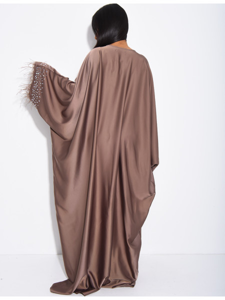 Abaya papillon à cristaux & bordures en plumes
