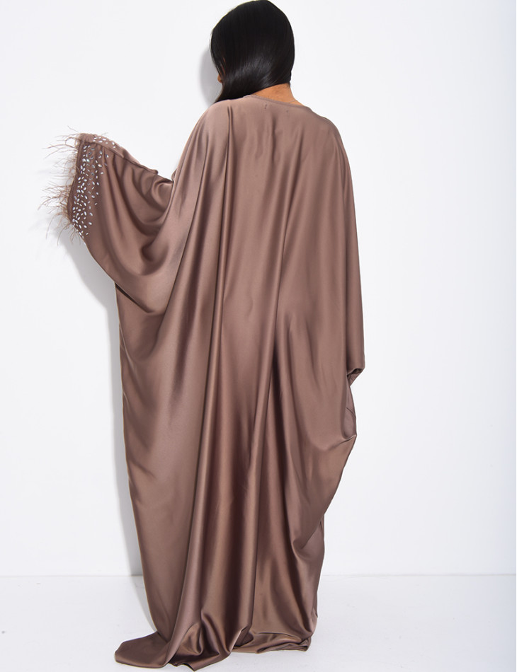 Abaya papillon à cristaux & bordures en plumes