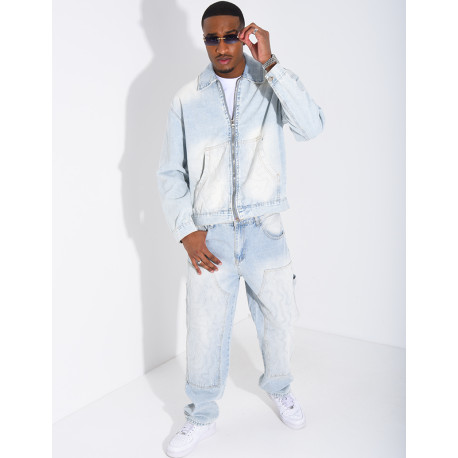 Ensemble en jeans pantalon à empiècements contrastants et veste