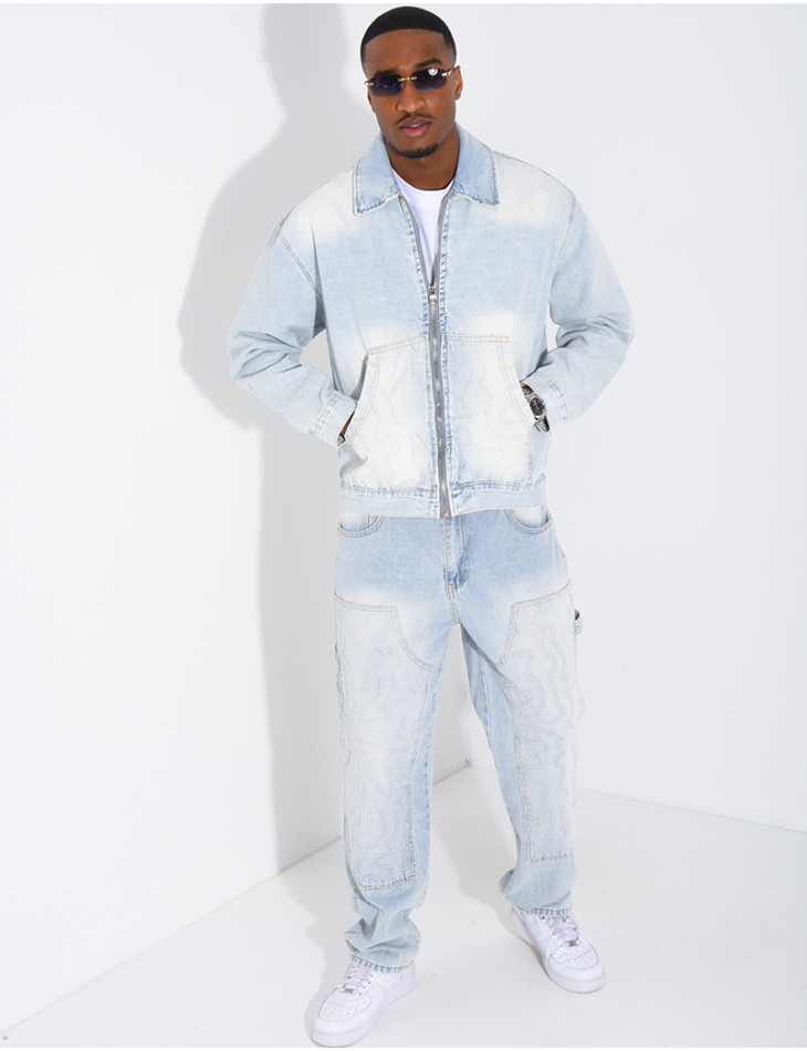 Ensemble en jeans pantalon à empiècements contrastants et veste