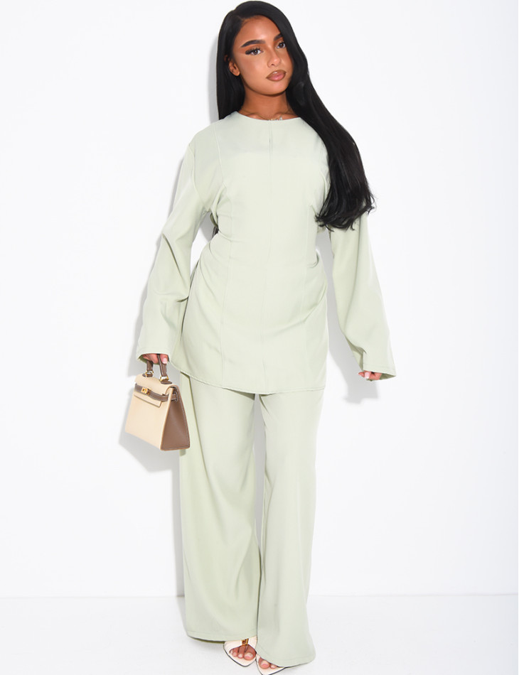 Pants and long blouse set with tie-back closure