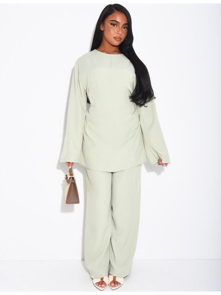 Pants and long blouse set with tie-back closure