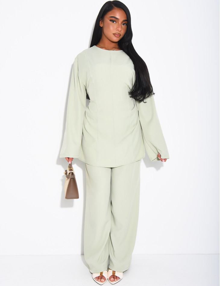 Pants and long blouse set with tie-back closure