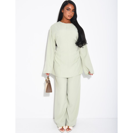 Pants and long blouse set with tie-back closure