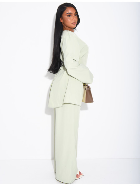 Pants and long blouse set with tie-back closure