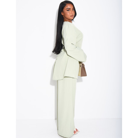 Pants and long blouse set with tie-back closure
