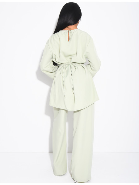 Pants and long blouse set with tie-back closure