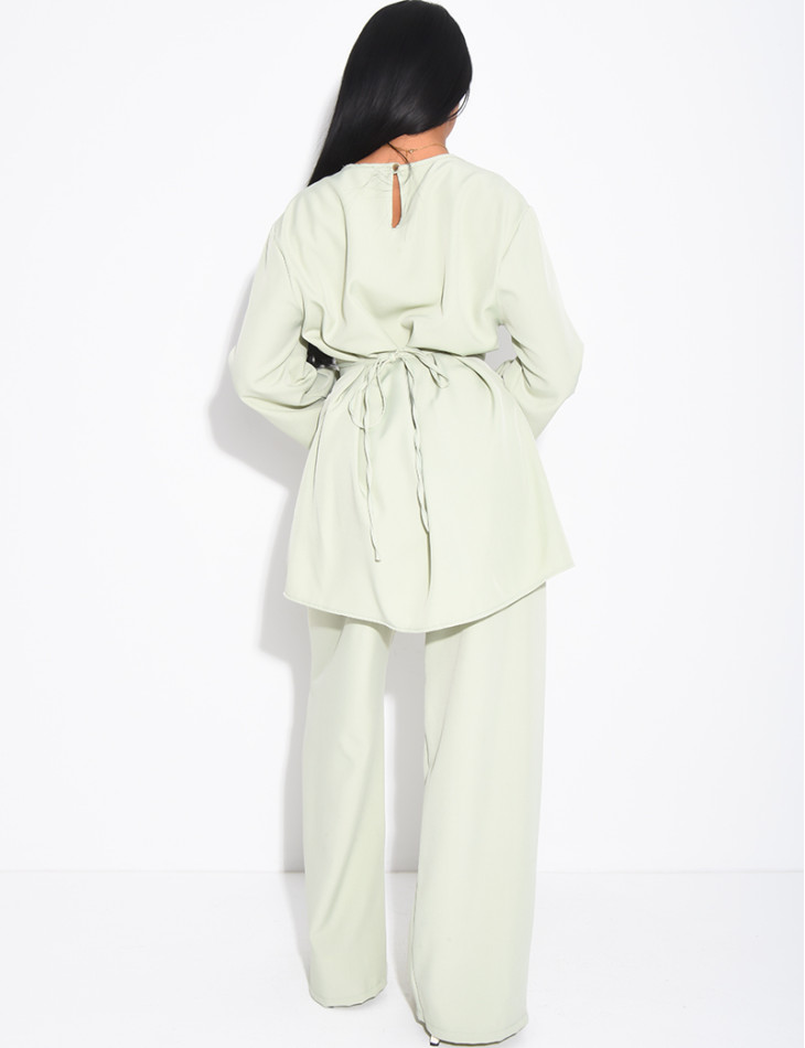 Pants and long blouse set with tie-back closure