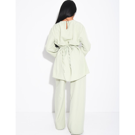 Pants and long blouse set with tie-back closure