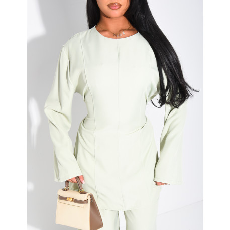 Pants and long blouse set with tie-back closure