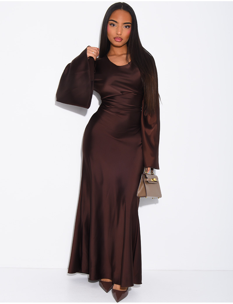 Satin maxi dress with back tie, flared sleeves