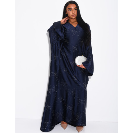Abaya mit Schmetterlingsmuster aus Satin mit Strasssteinen