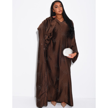 Abaya mit Schmetterlingsmuster aus Satin mit Strasssteinen