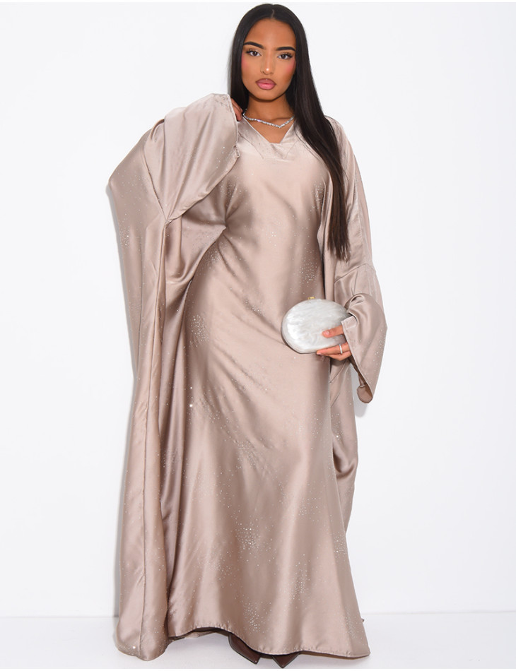 Abaya mit Schmetterlingsmuster aus Satin mit Strasssteinen