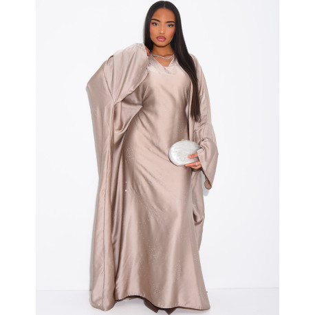 Abaya mit Schmetterlingsmuster aus Satin mit Strasssteinen