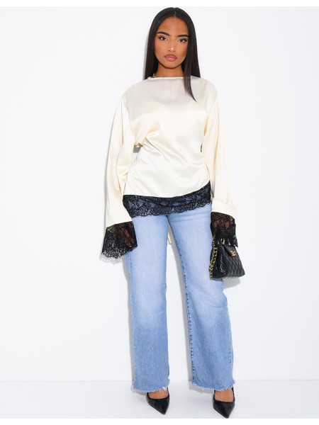 Top satiné manches longues noué dans le dos à bords en dentelle