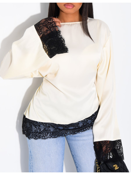 Top satiné manches longues noué dans le dos à bords en dentelle