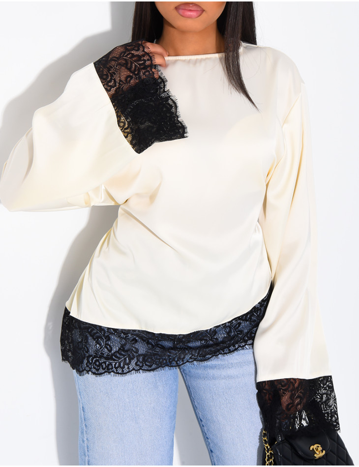 Top satiné manches longues noué dans le dos à bords en dentelle
