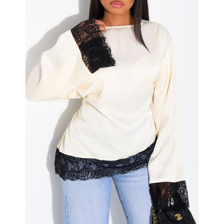 Top satiné manches longues noué dans le dos à bords en dentelle