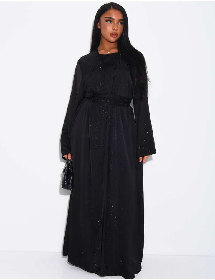 Satin-Set zum Binden, ärmelloses Kleid und Kimono mit Strasssteinen