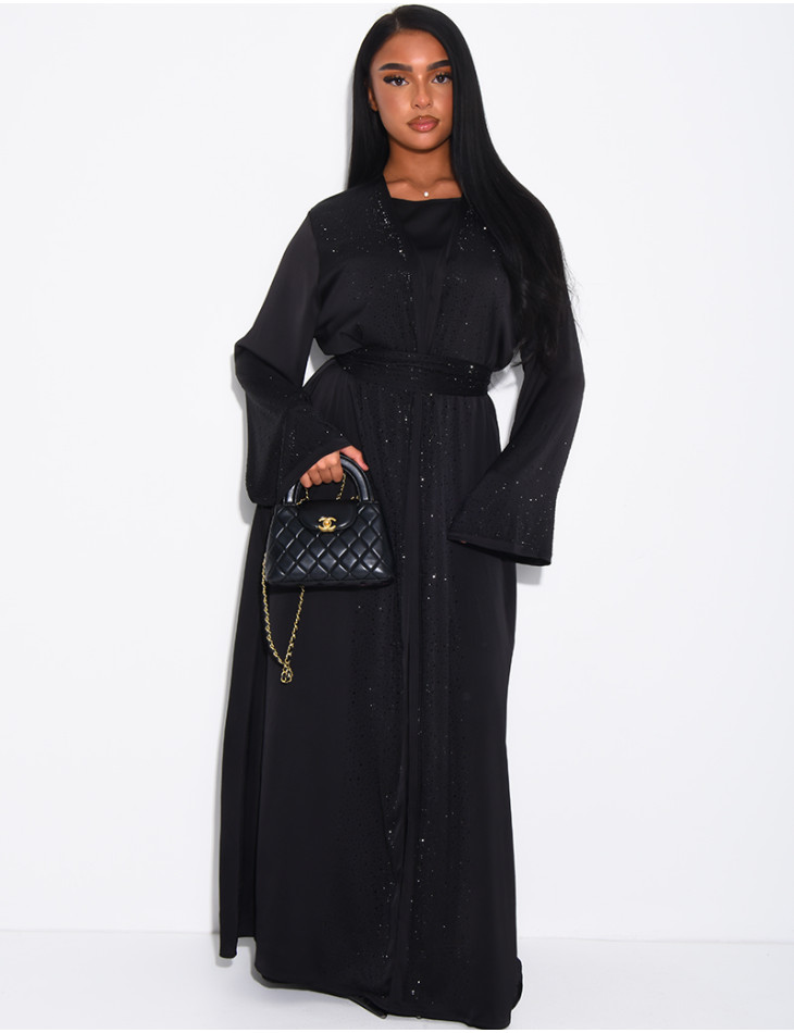 Satin-Set zum Binden, ärmelloses Kleid und Kimono mit Strasssteinen