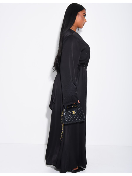 Satin-Set zum Binden, ärmelloses Kleid und Kimono mit Strasssteinen