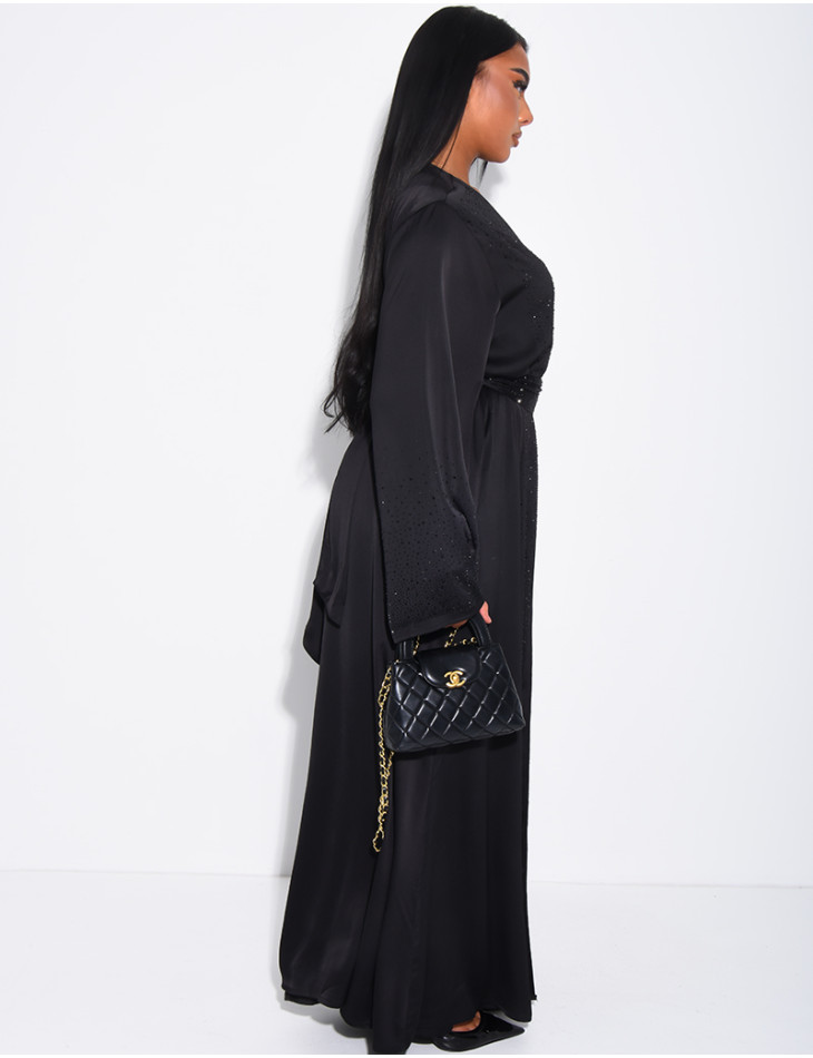 Satin-Set zum Binden, ärmelloses Kleid und Kimono mit Strasssteinen